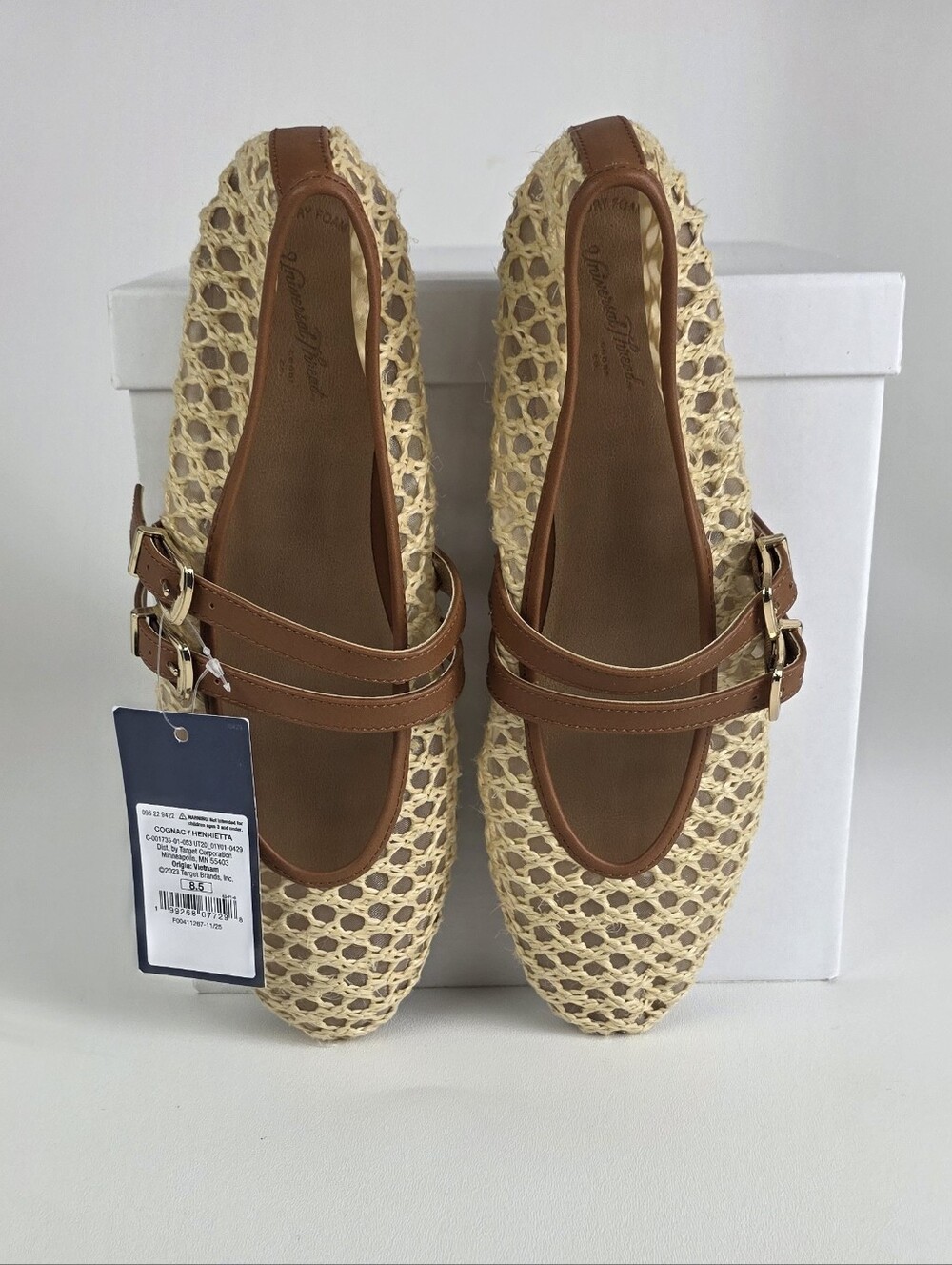 Universal Thread Cream Woven Mary Jane Flats with Brown Straps!